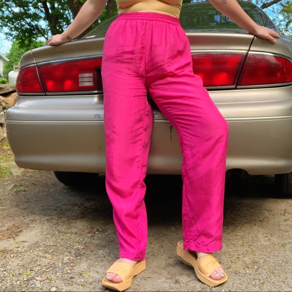 Vintage 90s Pink Silk Pull On Baggy Track Pants L